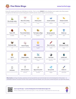 Free printable writing & fine motor printable: “Fine Motor Skills for Kindergarten: 24 Playful Activities (Free Bingo PDF)”, pre-K and kindergarten