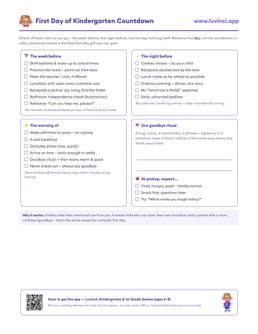 Free printable starting school printable: “First Day of Kindergarten: Tips for a Smooth Start (Free Countdown Checklist)”, pre-K and kindergarten