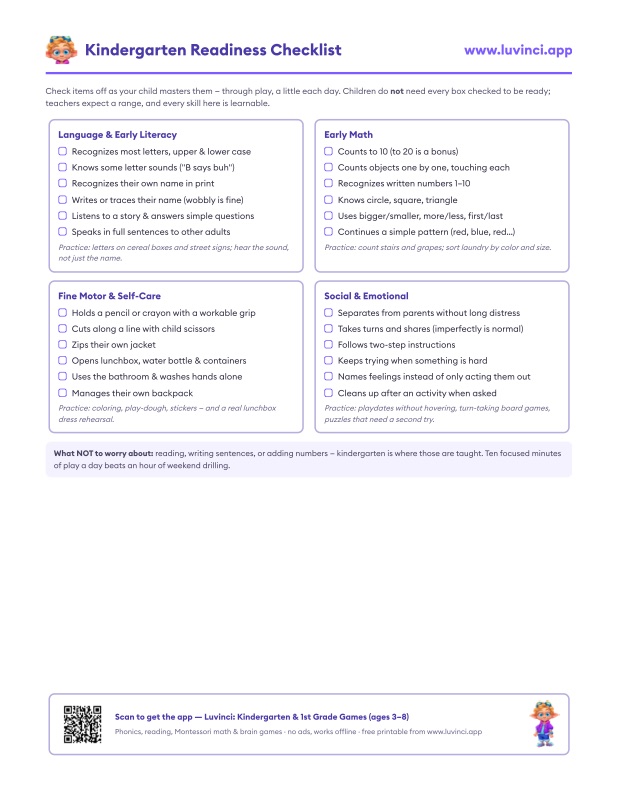 Preview of Free Printable Kindergarten Readiness Checklist (One-Page PDF)