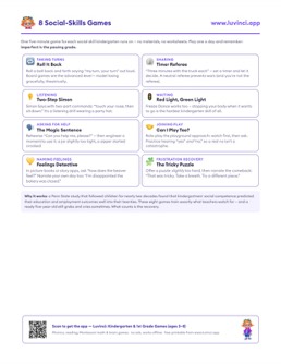 Free printable starting school printable: “Social Skills for Kindergarten: The 8 That Matter (and the Games That Build Them)”, pre-K and kindergarten