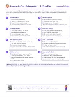 Free printable starting school printable: “The Summer Before Kindergarten: A Relaxed 8-Week Prep Plan”, pre-K and kindergarten