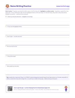 Free printable writing & fine motor printable: “How to Teach Your Child to Write Their Name (Free Practice PDF)”, pre-K and kindergarten