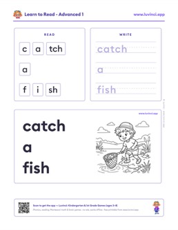 Free printable advanced phonics worksheet: “catch a fish” (UFLI lessons 69–76), kindergarten and 1st grade