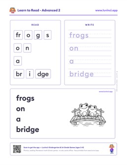 Free printable advanced phonics worksheet: “frogs on a bridge” (UFLI lessons 69–76), kindergarten and 1st grade
