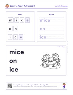 Free printable advanced phonics worksheet: “mice on ice” (UFLI lessons 54–62), kindergarten and 1st grade