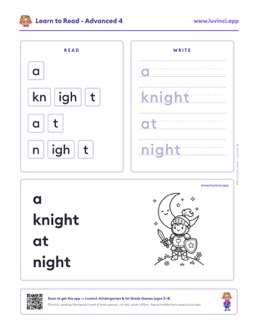 Free printable advanced phonics worksheet: “a knight at night” (UFLI lessons 98), kindergarten and 1st grade
