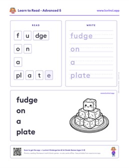 Free printable advanced phonics worksheet: “fudge on a plate” (UFLI lessons 69–76), kindergarten and 1st grade