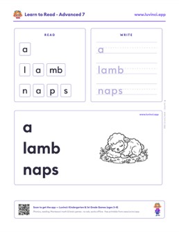 Free printable advanced phonics worksheet: “a lamb naps” (UFLI lessons 98), kindergarten and 1st grade