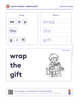 Free printable advanced phonics worksheet: “wrap the gift” (UFLI lessons 98), kindergarten and 1st grade