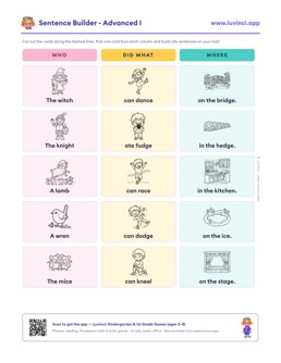 Free printable advanced cut-out sentence building worksheet: “Sentence Builder - Advanced I” (UFLI lessons 69–76), kindergarten and 1st grade
