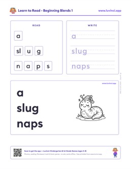 Free printable blends phonics worksheet: “a slug naps” (UFLI lessons 35–41), kindergarten and 1st grade