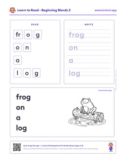Free printable blends phonics worksheet: “frog on a log” (UFLI lessons 35–41), kindergarten and 1st grade