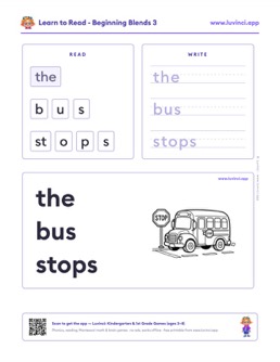 Free printable blends phonics worksheet: “the bus stops” (UFLI lessons 35–41), kindergarten and 1st grade