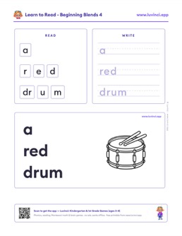 Free printable blends phonics worksheet: “a red drum” (UFLI lessons 35–41), kindergarten and 1st grade