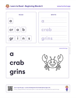 Free printable blends phonics worksheet: “a crab grins” (UFLI lessons 35–41), kindergarten and 1st grade