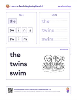Free printable blends phonics worksheet: “the twins swim” (UFLI lessons 35–41), kindergarten and 1st grade