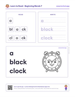 Free printable blends phonics worksheet: “a black clock” (UFLI lessons 35–41), kindergarten and 1st grade