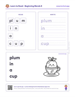 Free printable blends phonics worksheet: “plum in a cup” (UFLI lessons 35–41), kindergarten and 1st grade