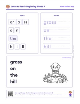 Free printable blends phonics worksheet: “grass on the hill” (UFLI lessons 35–41), kindergarten and 1st grade