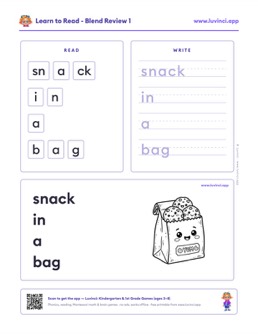 Free printable blends phonics worksheet: “snack in a bag” (UFLI lessons 35–41), kindergarten and 1st grade