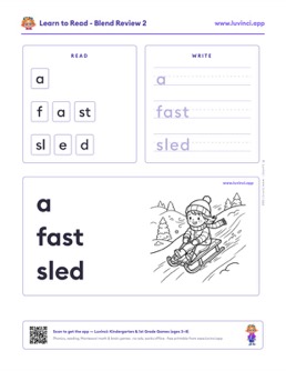 Free printable blends phonics worksheet: “a fast sled” (UFLI lessons 35–41), kindergarten and 1st grade