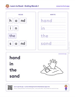 Free printable blends phonics worksheet: “hand in the sand” (UFLI lessons 35–41), kindergarten and 1st grade