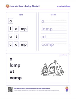 Free printable blends phonics worksheet: “a lamp at camp” (UFLI lessons 35–41), kindergarten and 1st grade