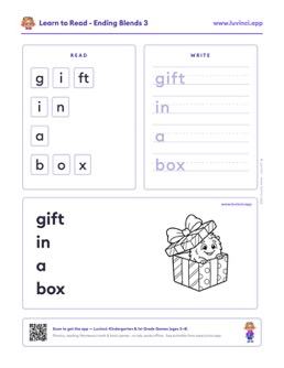 Free printable blends phonics worksheet: “gift in a box” (UFLI lessons 35–41), kindergarten and 1st grade
