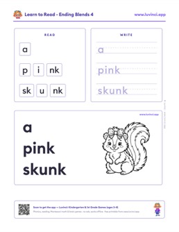 Free printable blends phonics worksheet: “a pink skunk” (UFLI lessons 35–41), kindergarten and 1st grade
