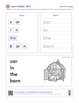 Free printable bossy r phonics worksheet: “car in the barn” (UFLI lessons 77–83), kindergarten and 1st grade
