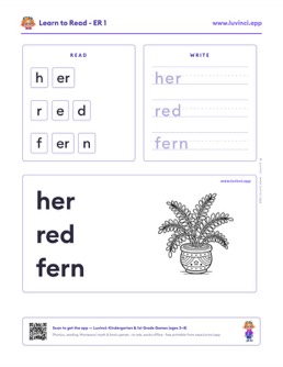 Free printable bossy r phonics worksheet: “her red fern” (UFLI lessons 77–83), kindergarten and 1st grade