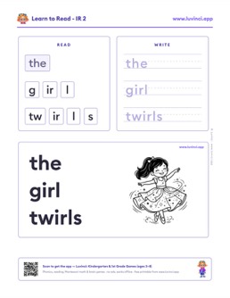 Free printable bossy r phonics worksheet: “the girl twirls” (UFLI lessons 77–83), kindergarten and 1st grade