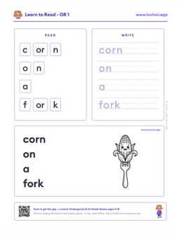 Free printable bossy r phonics worksheet: “corn on a fork” (UFLI lessons 77–83), kindergarten and 1st grade