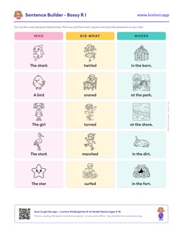 Free printable bossy r cut-out sentence building worksheet: “Sentence Builder - Bossy R I” (UFLI lessons 77–83), kindergarten and 1st grade