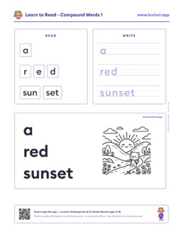Free printable compound words phonics worksheet: “a red sunset” (UFLI lessons 63–68), kindergarten and 1st grade