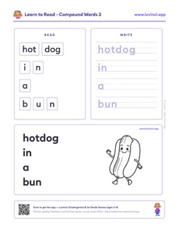 Free printable compound words phonics worksheet: “hotdog in a bun” (UFLI lessons 63–68), kindergarten and 1st grade