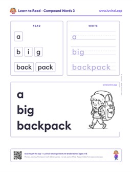Free printable compound words phonics worksheet: “a big backpack” (UFLI lessons 63–68), kindergarten and 1st grade