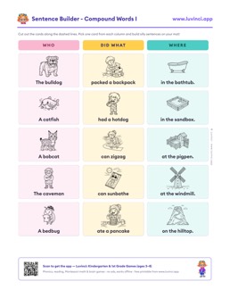 Free printable compound words cut-out sentence building worksheet: “Sentence Builder - Compound Words I” (UFLI lessons 63–68), kindergarten and 1st grade