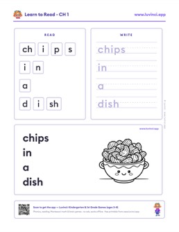 Free printable digraphs phonics worksheet: “chips in a dish” (UFLI lessons 42–53), kindergarten and 1st grade
