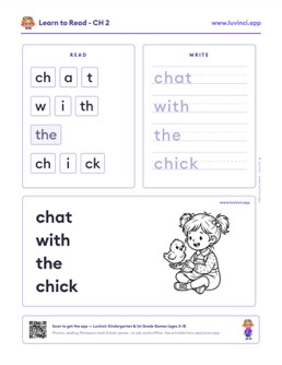 Free printable digraphs phonics worksheet: “chat with the chick” (UFLI lessons 42–53), kindergarten and 1st grade