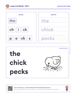 Free printable digraphs phonics worksheet: “the chick pecks” (UFLI lessons 42–53), kindergarten and 1st grade