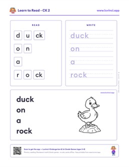 Free printable digraphs phonics worksheet: “duck on a rock” (UFLI lessons 42–53), kindergarten and 1st grade