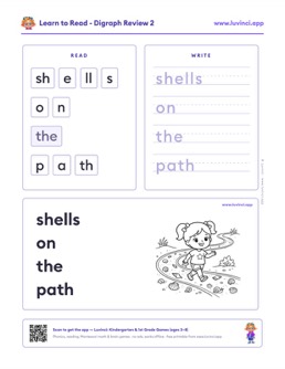 Free printable digraphs phonics worksheet: “shells on the path” (UFLI lessons 42–53), kindergarten and 1st grade