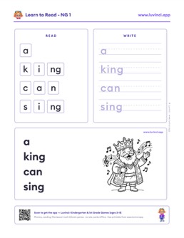 Free printable digraphs phonics worksheet: “a king can sing” (UFLI lessons 42–53), kindergarten and 1st grade