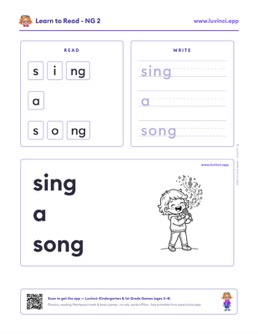 Free printable digraphs phonics worksheet: “sing a song” (UFLI lessons 42–53), kindergarten and 1st grade