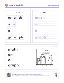Free printable digraphs phonics worksheet: “math on a graph” (UFLI lessons 42–53), kindergarten and 1st grade