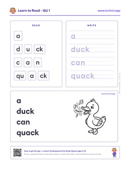 Free printable digraphs phonics worksheet: “a duck can quack” (UFLI lessons 1–34), kindergarten and 1st grade
