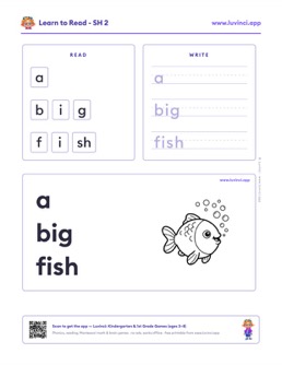 Free printable digraphs phonics worksheet: “a big fish” (UFLI lessons 42–53), kindergarten and 1st grade