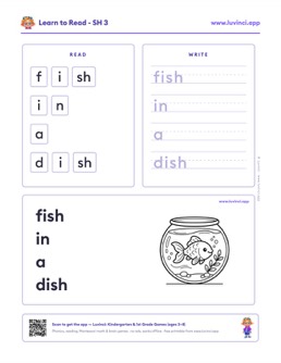 Free printable digraphs phonics worksheet: “fish in a dish” (UFLI lessons 42–53), kindergarten and 1st grade
