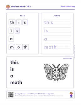 Free printable digraphs phonics worksheet: “this is a moth” (UFLI lessons 42–53), kindergarten and 1st grade